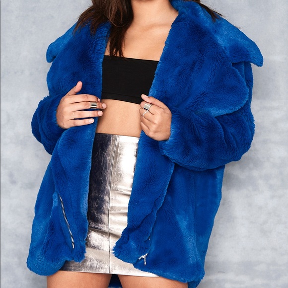 blue faux fur jacket
